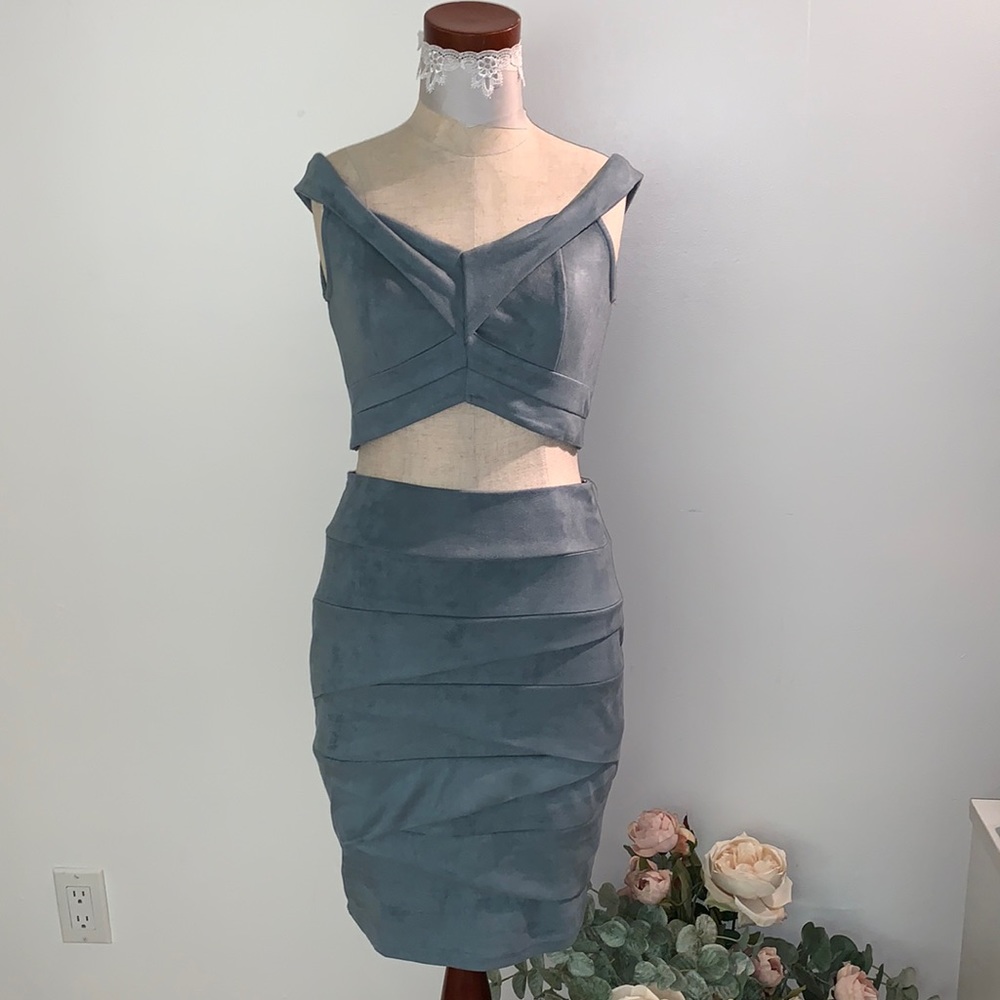 Baby Blue Suede Crop top and skirt set